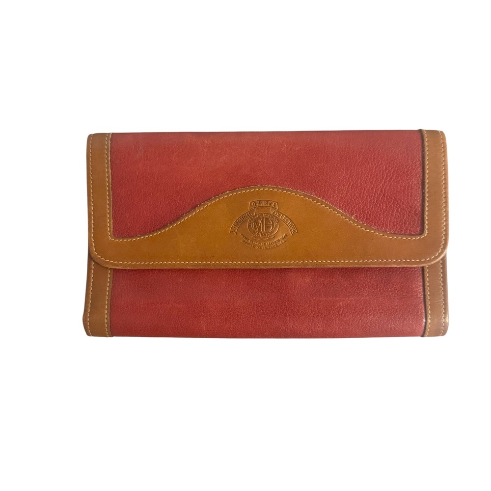Ghurka Vintage Red Tan Leather Trifold Wallet Colorblock Snap Closure USA Made